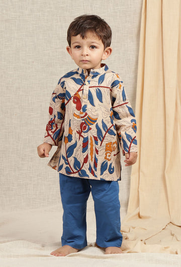 Set Of 2: Aaron Beige Cream Kalamkari Printed Cotton Kurta & Blue Pyjama